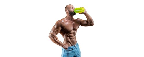 Athlete posing with a shaker in his hand on a white background. Fitness