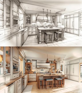 Concept design drawing to a finished renovation of a residential kitchen interior. generative AI