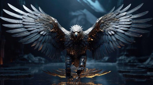 Black crow with golden wings on a dark background AI generated