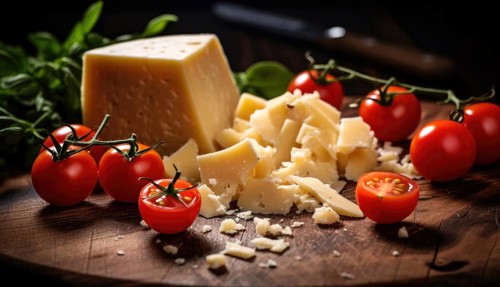 Parmesan cheese with cherry tomatoes and basil on a wooden board AI generated