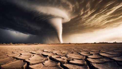 Big tornado storm above the desolate land. Dry cracked ground field and weather disasters caused by the global climate change. Environmental problem concept. AI generated art
