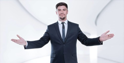Image of a stylish man in a suit with open arms. Business concept.
