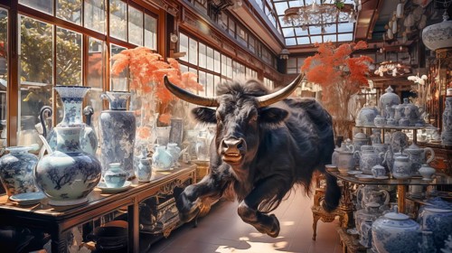 Very large bull with horns in a China shop filled with glassware. generative AI