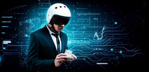 Portrait of a businessman in a suit and aviator helmet. He holds a bundle of hundred-dollar bills in front of him. Business concept.