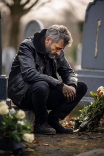 Man sitting sadly at gravestone