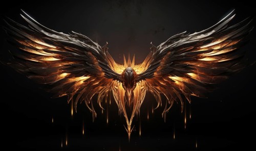 Fantasy bird figure. Burning phoenix on dark background. Fantasy background concept. Flame wings AI generated