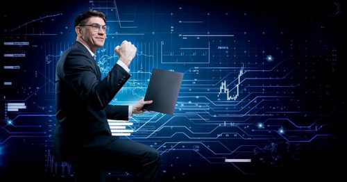 Stock broker rejoices in asset growth. The concept of brokerage and trading.