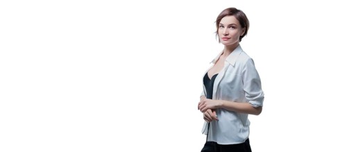 Portrait of stylish adult woman posing in studio over white background. Mentoring and coaching concept