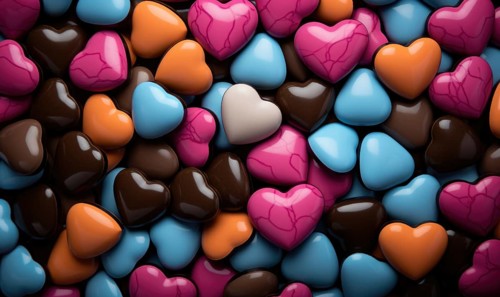 An assortment of colorful heart-shaped candies and chocolates spread out AI generated
