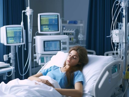 Serene female patient lying in a hospital bed with advanced monitoring equipment