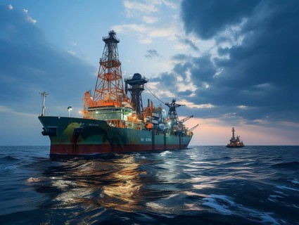 Dramatic dusk sky over an offshore drilling ship in a vast ocean