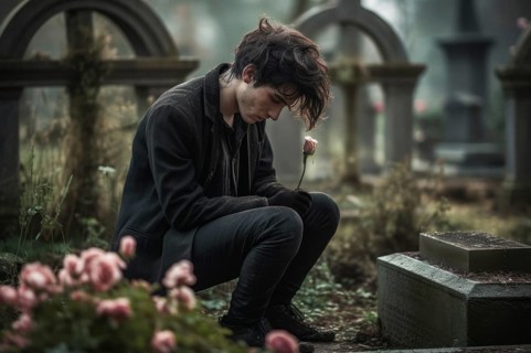 Man sitting sadly at gravestone