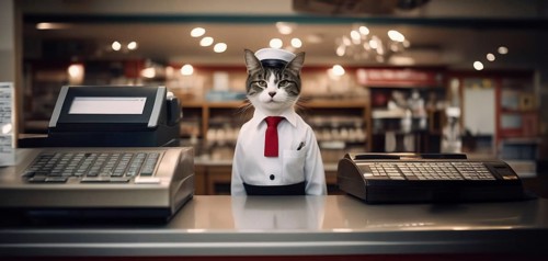 Cat cashier in a store behind the cash register