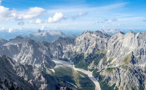 View of Wimbachgries valley and mountain panorama with rocky mountain peak of Hochkalter