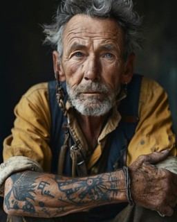 Old man marked by hard labour with tattoos and deep wrinkles on his face