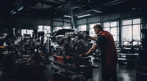 Car engine repair in a car repair shop by an auto mechanic