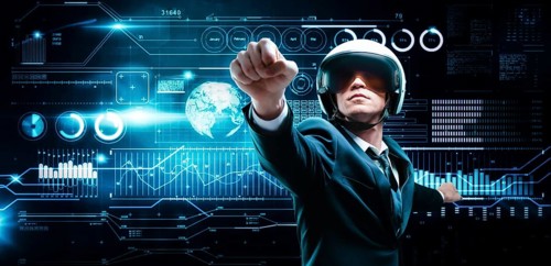 Portrait of a man in a suit and helmet. He shows that he is flying against the background of a hologram of market trading. Business concept. Stock market. Brokers and traders.