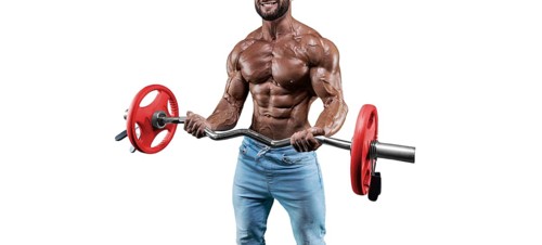 No name sexy muscular man in jeans posing on white background with a barbell. Bodybuilding and fitness concept.
