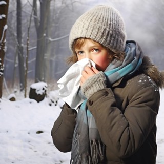Boy in a winter jacket sneezing into a tissue with snow-covered trees in the background