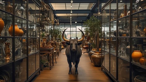 Very large bull with horns in a China shop filled with glassware. generative AI