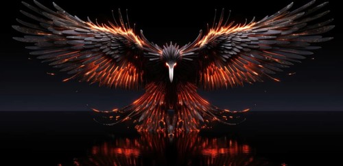Fantasy bird figure. Burning phoenix on dark background. Fantasy background concept. Flame wings AI generated