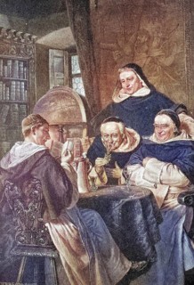 Monks drinking wine in a monastery
