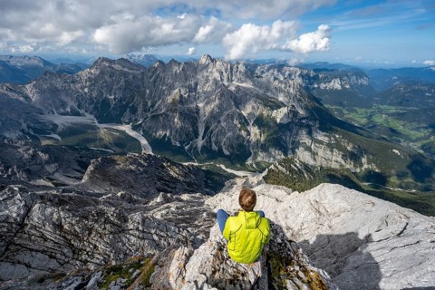 View of Wimbachgries valley and mountain panorama with rocky mountain peak of Hochkalter
