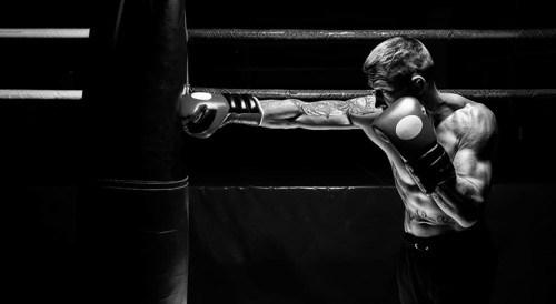 Kickboxer punches the bag. Training a professional athlete. The concept of mma
