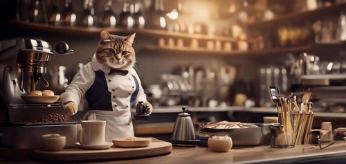 Cat barista in a coffee shop in a barista uniform