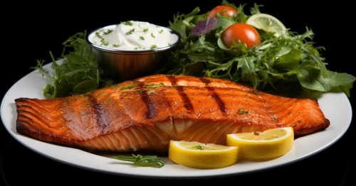 Grilled salmon with arugula salad and tartar sauce on black background AI generated