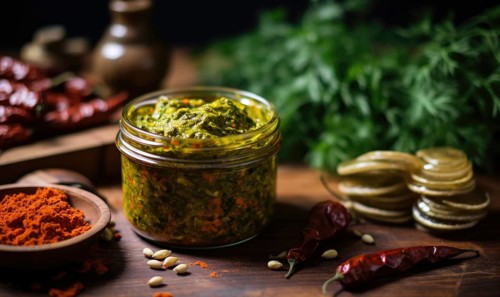 Pesto sauce with fresh herbs and spices on dark background AI generated