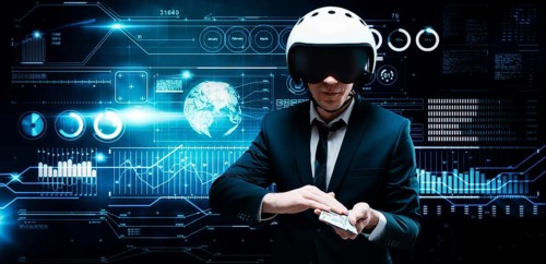 Portrait of a businessman in a suit and aviator helmet. He holds a bundle of hundred-dollar bills in front of him. Business concept.