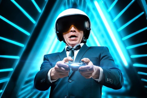 Portrait of a man in a pilot helmet with a joystick in his hands. The concept of gaming tournaments.