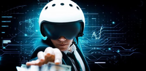 Portrait of a businessman in a suit and aviator helmet. He is trying to reach a pack of hundred-dollar bills. Business concept.