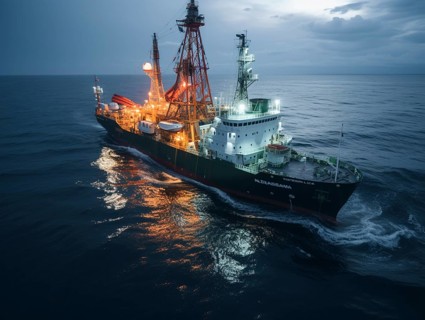 Twilight scene with an offshore drilling ship cruising through the ocean