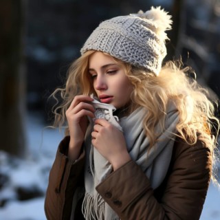 Blonde woman sneezing into a tissue