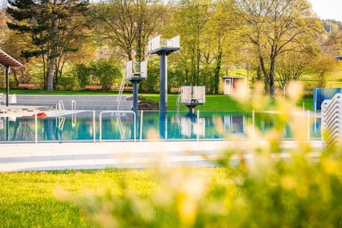 Competition pool in an outdoor pool with starting blocks and surrounded by trees in spring