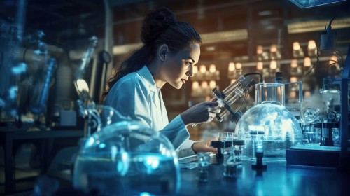 Female scientist working in laboratory. Science