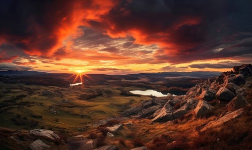 A panoramic landscape featuring a dramatic fiery sunset over mountainous terrain with a tranquil lake AI generated