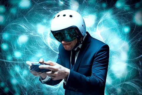 Portrait of a man in a suit and helmet of a pilot with a joystick in his hands. He enthusiastically plays a computer game. Game space. Game concept.