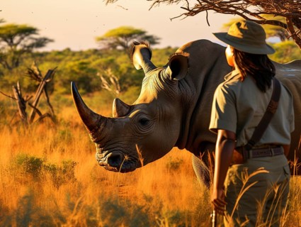 A female ranger in uniform walking behind a rhinoceros at sunset