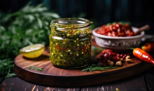 Pesto sauce with fresh herbs and spices on dark background AI generated