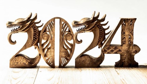 Happy new year 2024 with wood carved numbers in shape of wooden dragons symbol isolated on white background. AI generated art