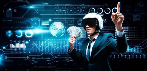 Portrait of a businessman in a suit and aviator helmet. He made a fan of a pack of hundred-dollar bills. Business concept.