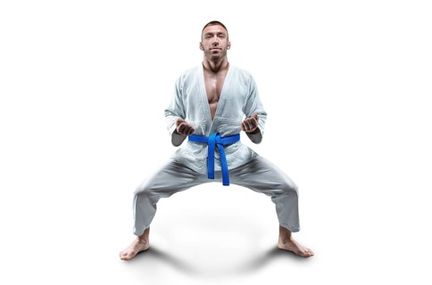 Athlete in a kimono with a blue belt stands in a fighting position. Concept of karate