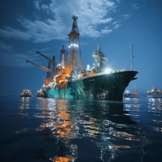 Calm night at sea with a brightly lit offshore drilling rig and reflections on the water