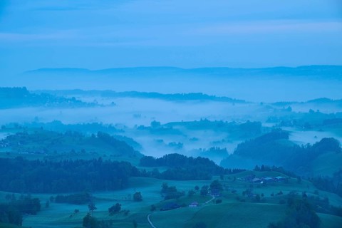 Moraine hill landscape with meadows and trees and some farms with morning fog and cloudy sky