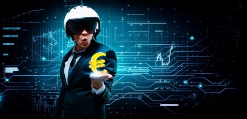 Portrait of a man in a suit and helmet. He put out a palm in which an electric charge and a euro sign. Business concept. Stock market. Brokers and traders.