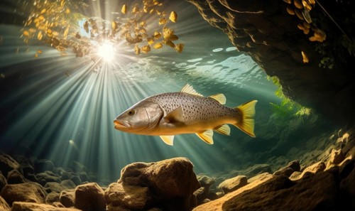 Rainbow trout swimming underwater in the ocean with rays of light AI generated