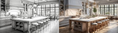 Concept design drawing to a finished renovation of a residential kitchen interior. generative AI